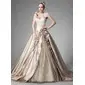 Ball-Gown One-Shoulder Chapel Train Satin Lace Wedding Dress With Ruffle Beadwork Flower(s) (002004515)
