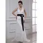 Sheath/Column Halter Court Train Satin Lace Wedding Dress With Sashes Crystal Brooch (002000430)