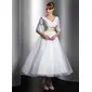 A-Line/Princess V-neck Ankle-Length Satin Tulle Wedding Dress With Lace Sashes Beadwork (002014739)