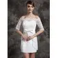 Sheath/Column Off-the-Shoulder Short/Mini Satin Wedding Dress With Lace (002015014) Sheath/Column Off-the-Shoulder Short/Mini Satin Wedding Dress With Lace (002015014)