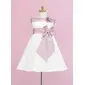A-Line/Princess Off-the-Shoulder Tea-Length Satin Flower Girl Dress With Sash Flower(s) (010005329)