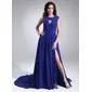 A-Line/Princess Scoop Neck Sweep Train Chiffon  Charmeuse Oscar Style Dresses With Ruffle  Lace  Beading (028005030)