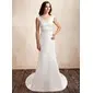 Sheath/Column V-neck Court Train Satin Wedding Dress With Beadwork (002001452)