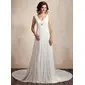 A-Line/Princess V-neck Chapel Train Chiffon Wedding Dress With Ruffle Lace Beadwork (002012608) A-Line/Princess V-neck Chapel Train Chiffon Wedding Dress With Ruffle Lace Beadwork (002012608)