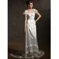 Sheath/Column Square Neckline Court Train Tulle Charmeuse Wedding Dress With Lace Beadwork Crystal Brooch (002012089)
