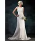 Sheath/Column Scoop Neck Court Train Satin Wedding Dress With Lace Beadwork Sequins (002004594)
