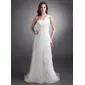 Empire One-Shoulder Court Train Organza Wedding Dress With Ruffle Beadwork (002012637)