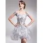 A-Line/Princess Off-the-Shoulder Short/Mini Organza Charmeuse Homecoming Dress With Ruffle Beading Sequins (022008945)