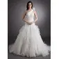 Ball-Gown One-Shoulder Court Train Organza Wedding Dress With Ruffle Flower(s) (002000622)