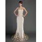 Sheath/Column Chapel Train Charmeuse Wedding Dress With Lace (002015727)