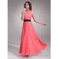 A-Line/Princess One-Shoulder Floor-Length Chiffon Satin Prom Dress With Ruffle Sash (018004787)