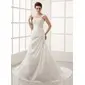 A-Line/Princess Chapel Train Taffeta Wedding Dress With Ruffle Lace Beadwork (002011974)