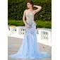 Mermaid Scoop Neck Court Train Tulle Charmeuse Prom Dress With Beading Appliques Flower(s) Sequins (018024584)