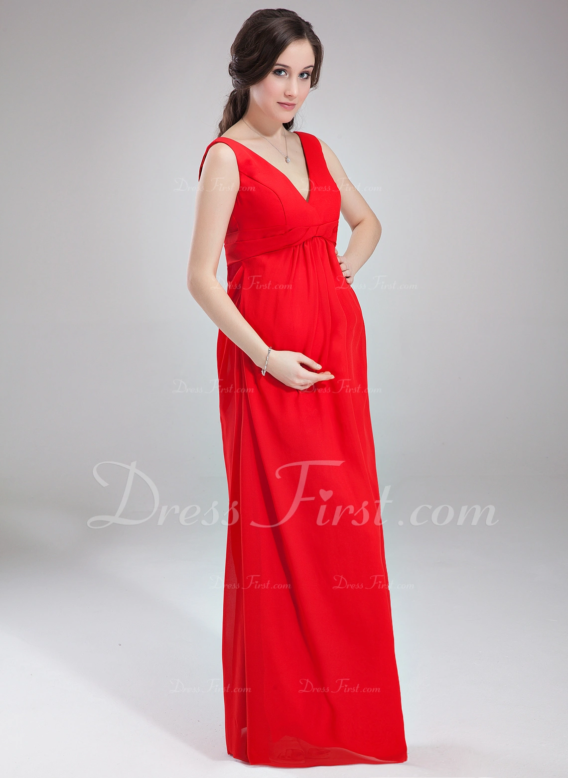 Empire Vneck FloorLength Chiffon Maternity Bridesmaid Dress With Ruffle (045004386) DressFirst