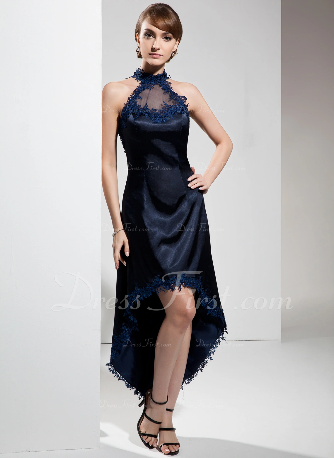 ALine Halter Asymmetrical Charmeuse Cocktail Dress With Appliques Lace