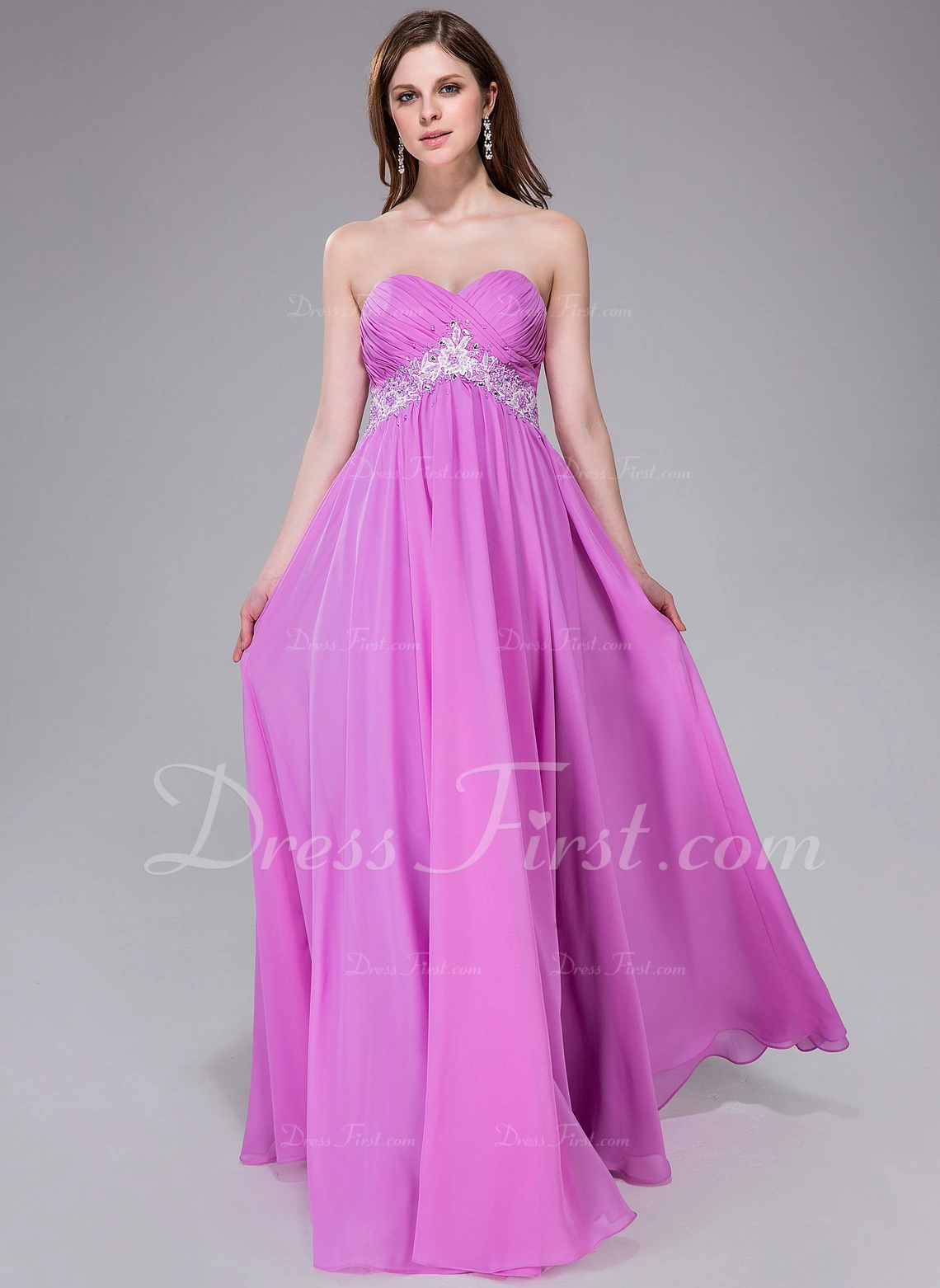 Empire Sweetheart Floor-Length Chiffon Prom Dress With Ruffle Sash Beading Appliques Lace Sequins 