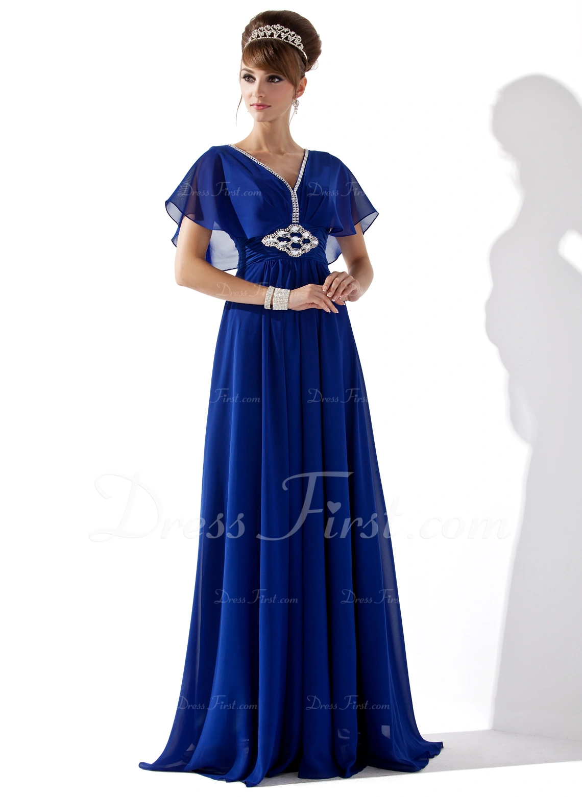 A-Line V-Neck Ruched Chiffon Floor-Length Dress Dark Navy main image 1