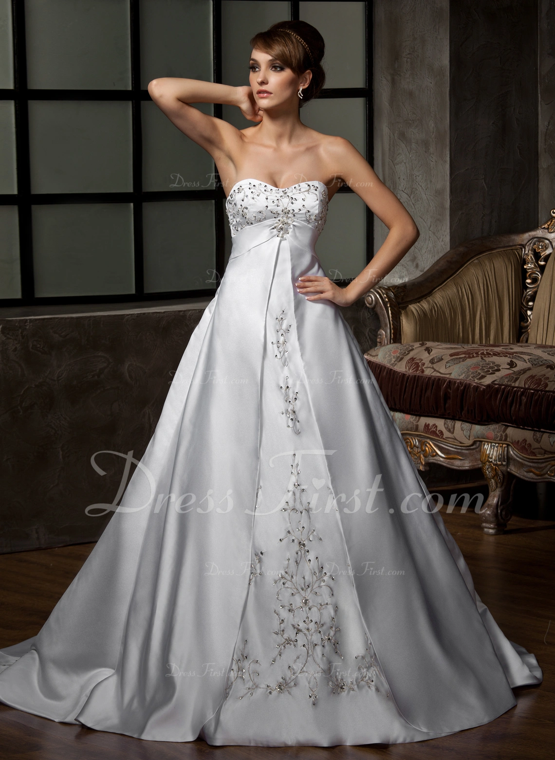 Ball-Gown Sweetheart Chapel Train Satin Wedding Dress With Embroidered Beading Sequins 