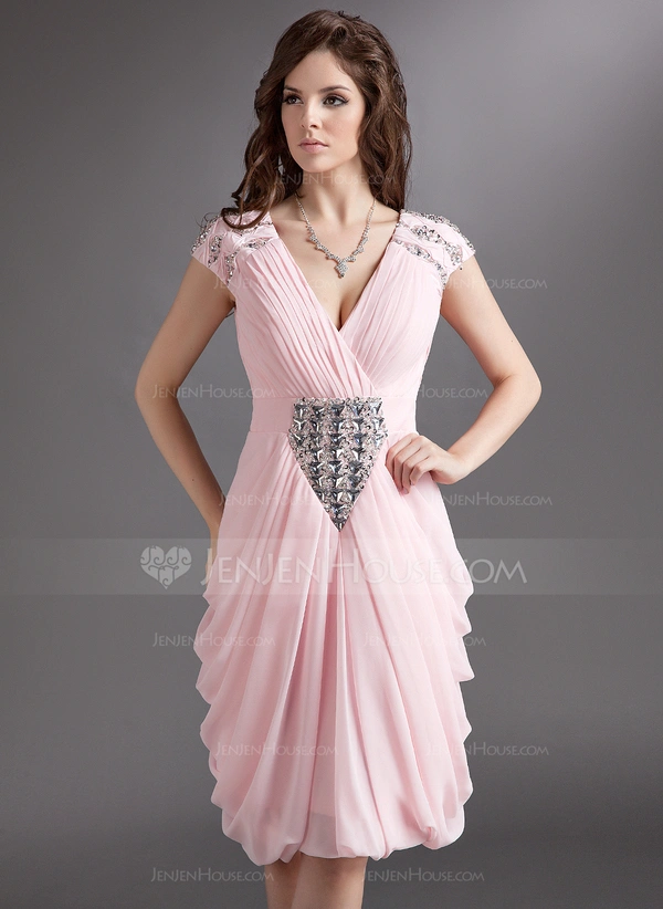 Sheath/Column V-neck Knee-Length Chiffon Cocktail Dress With Ruffle ...