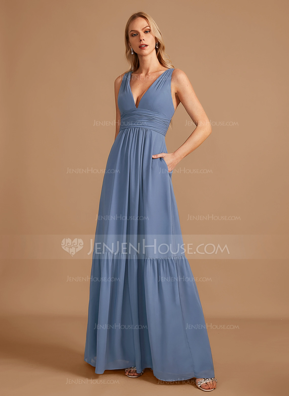 A-line V-Neck Floor-Length Chiffon Bridesmaid Dress 