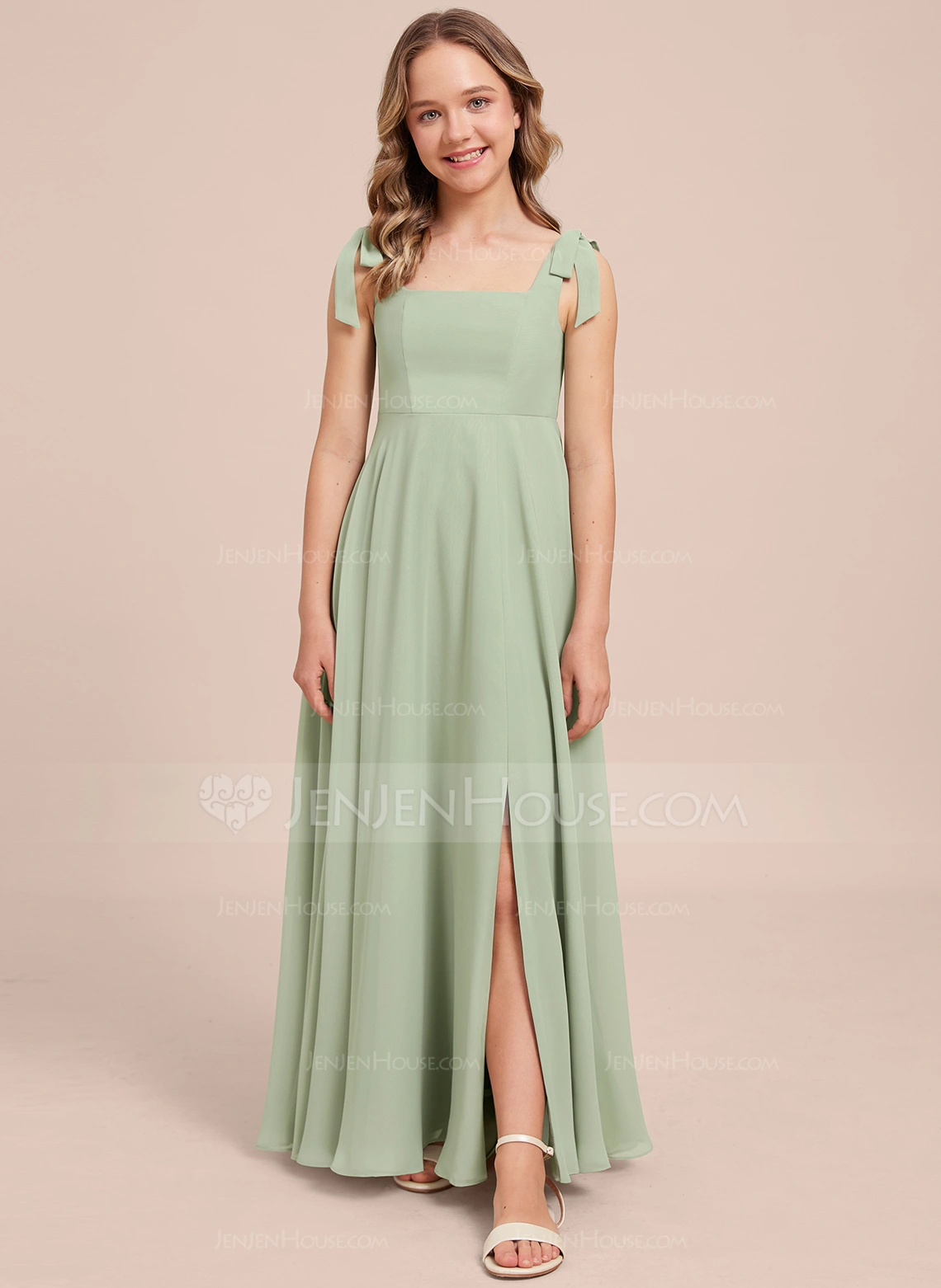 A-line Square Floor-Length Chiffon Junior Bridesmaid Dress With Bow 