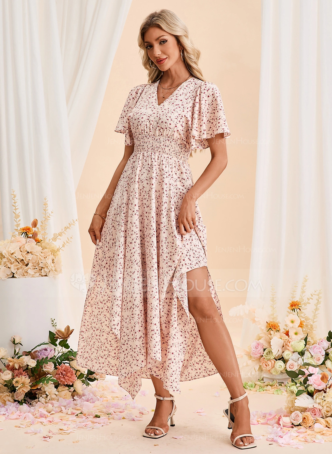 Floral Print Smocked V-Neck Short Sleeve A-line Printed Fabric Asymmetrical Maxi Dress 