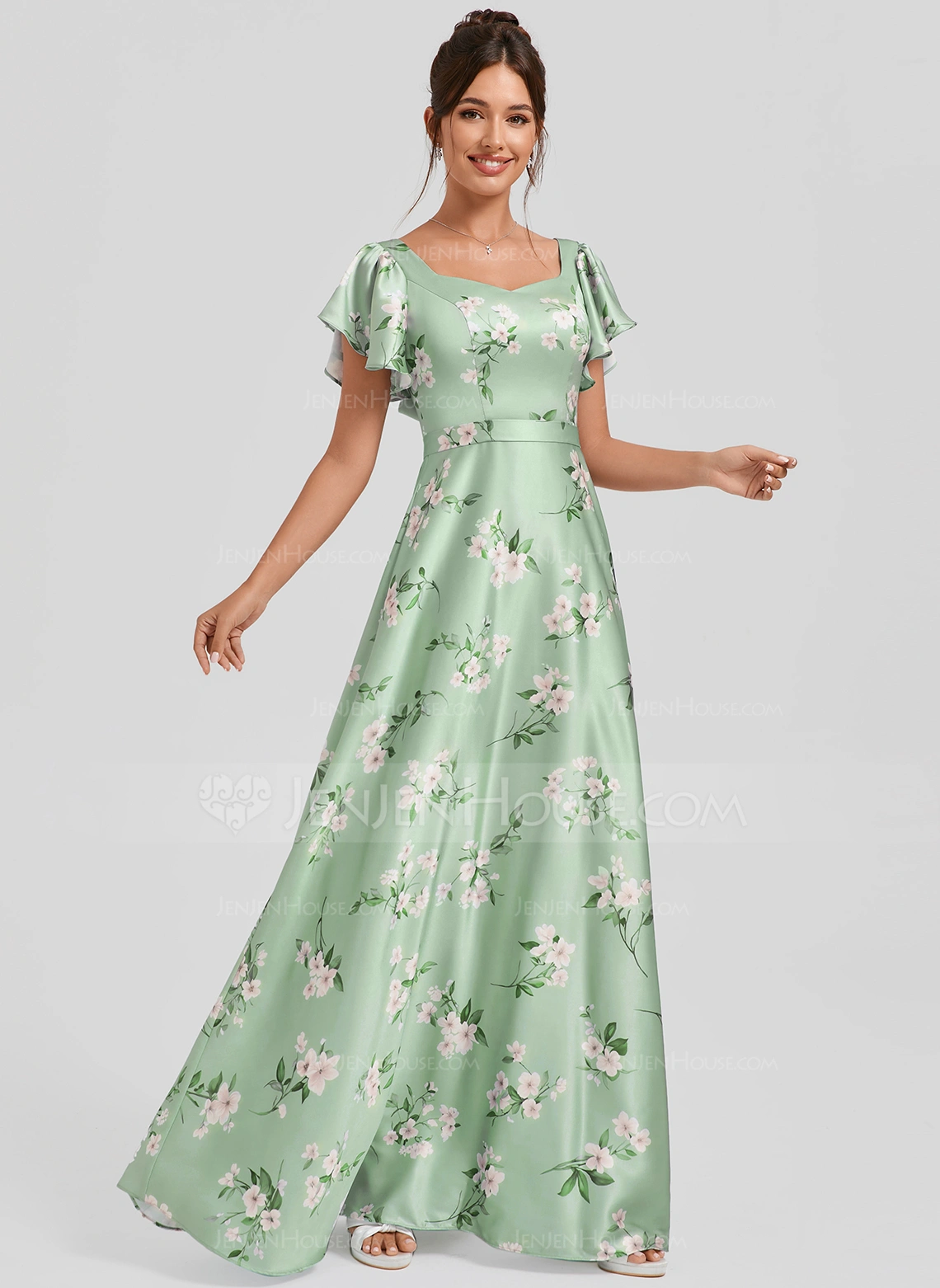 A-line V-Neck Floor-Length Matte Satin Bridesmaid Dress With Ruffle 