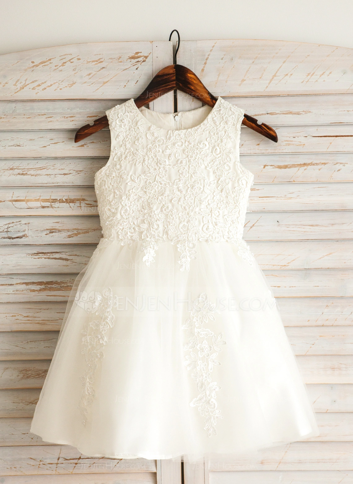 A-Linien-Kleid Rundhals Knielang Spitze Satin Tüll Futter aus 100% Baumwolle Blumenmädchenkleid 