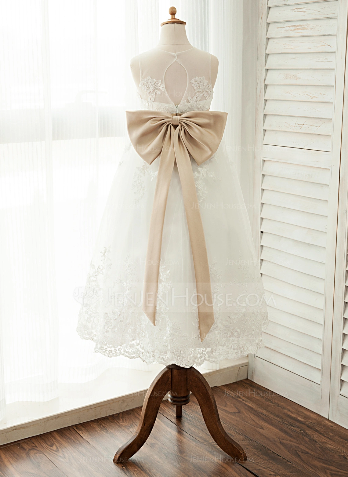 A-Linien-Kleid Rundhals Knöchellang Satin Spitze Tüll Blumenmädchenkleid mit Schärpe Schleife 