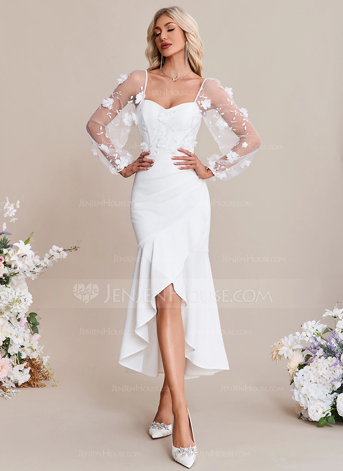 Embroidered Sweetheart Long Sleeve Trumpet/Mermaid Stretch Crepe Asymmetrical Midi Dress 