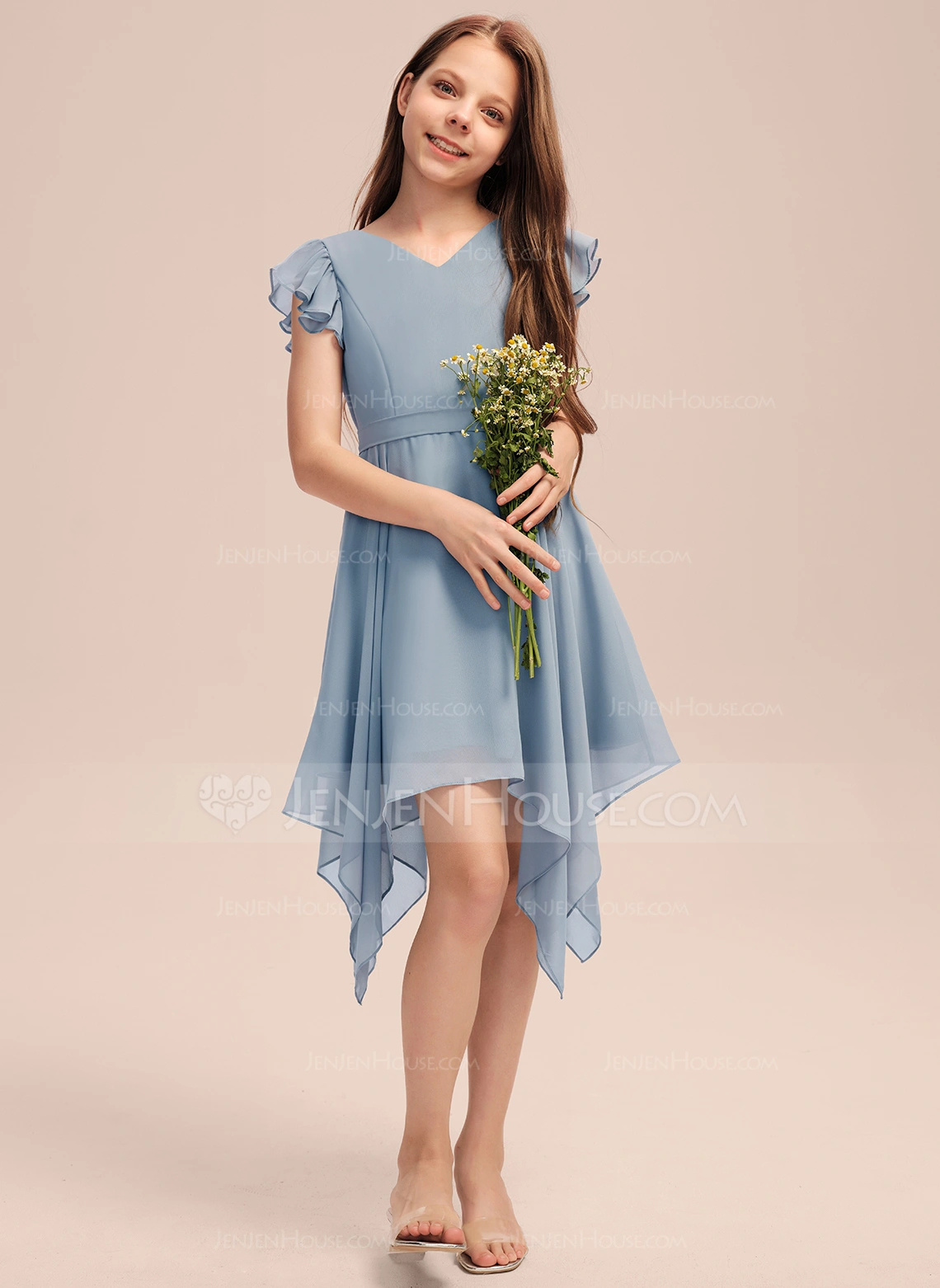 A-line kjole V-hals Te-lengde Chiffon Brudepikekjole ungdom med Brusende Volanger Sløyfe 