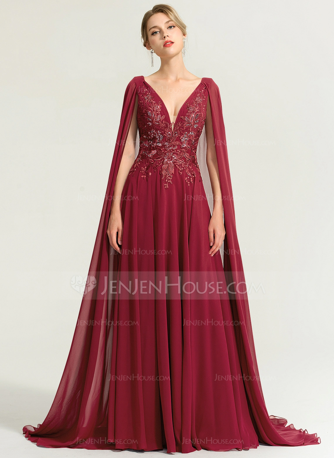 A-Linien-Kleid V-Ausschnitt Pinsel-Schleppe Spitze Chiffon Abendkleid mit Cape-Ärmel Pailletten 