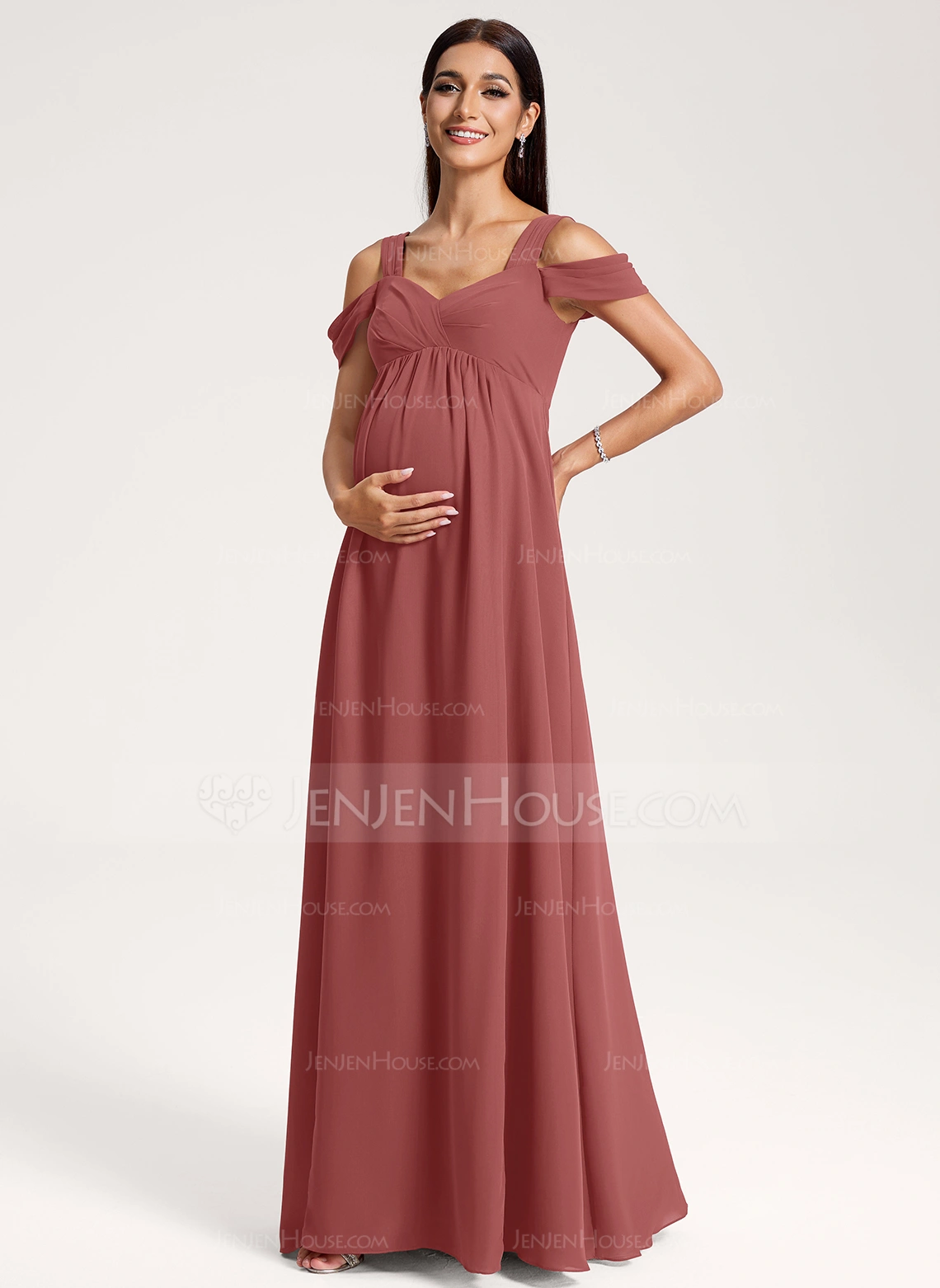 A-line Cold Shoulder V-Neck Floor-Length Chiffon Maternity Dresses With Pleated 