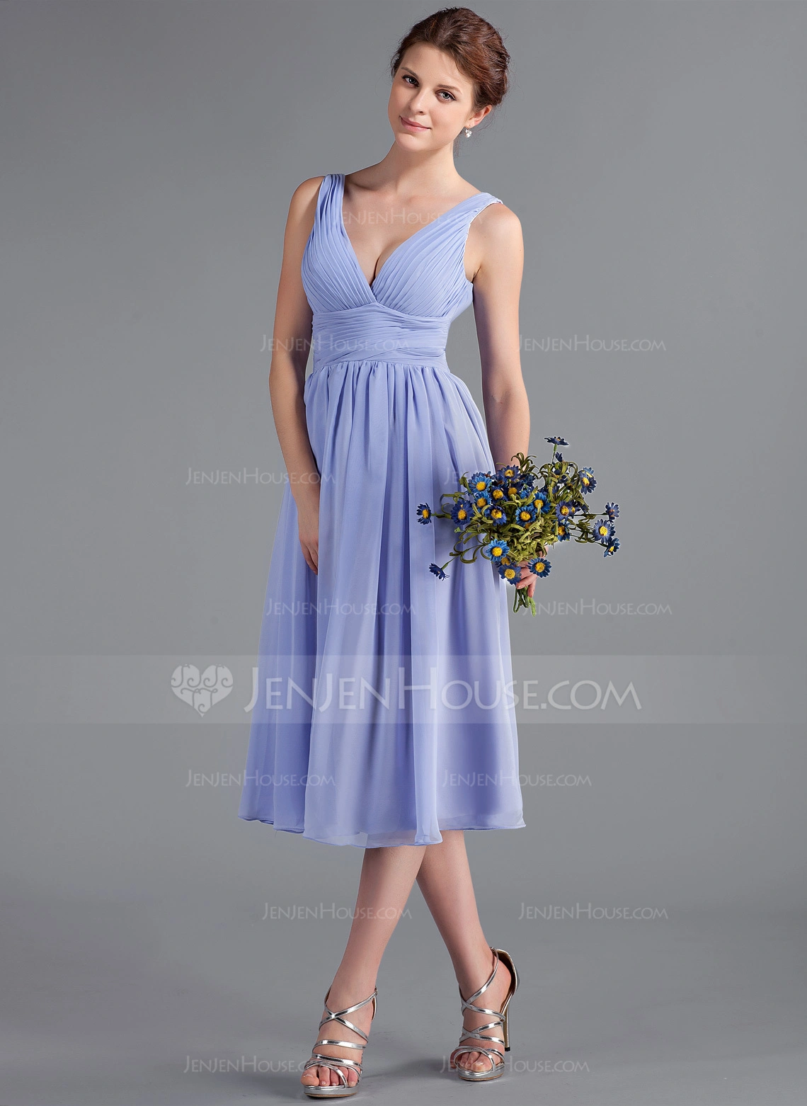 A-formet V-hals Te-lengde Chiffong Brudepikekjole med Frynse 