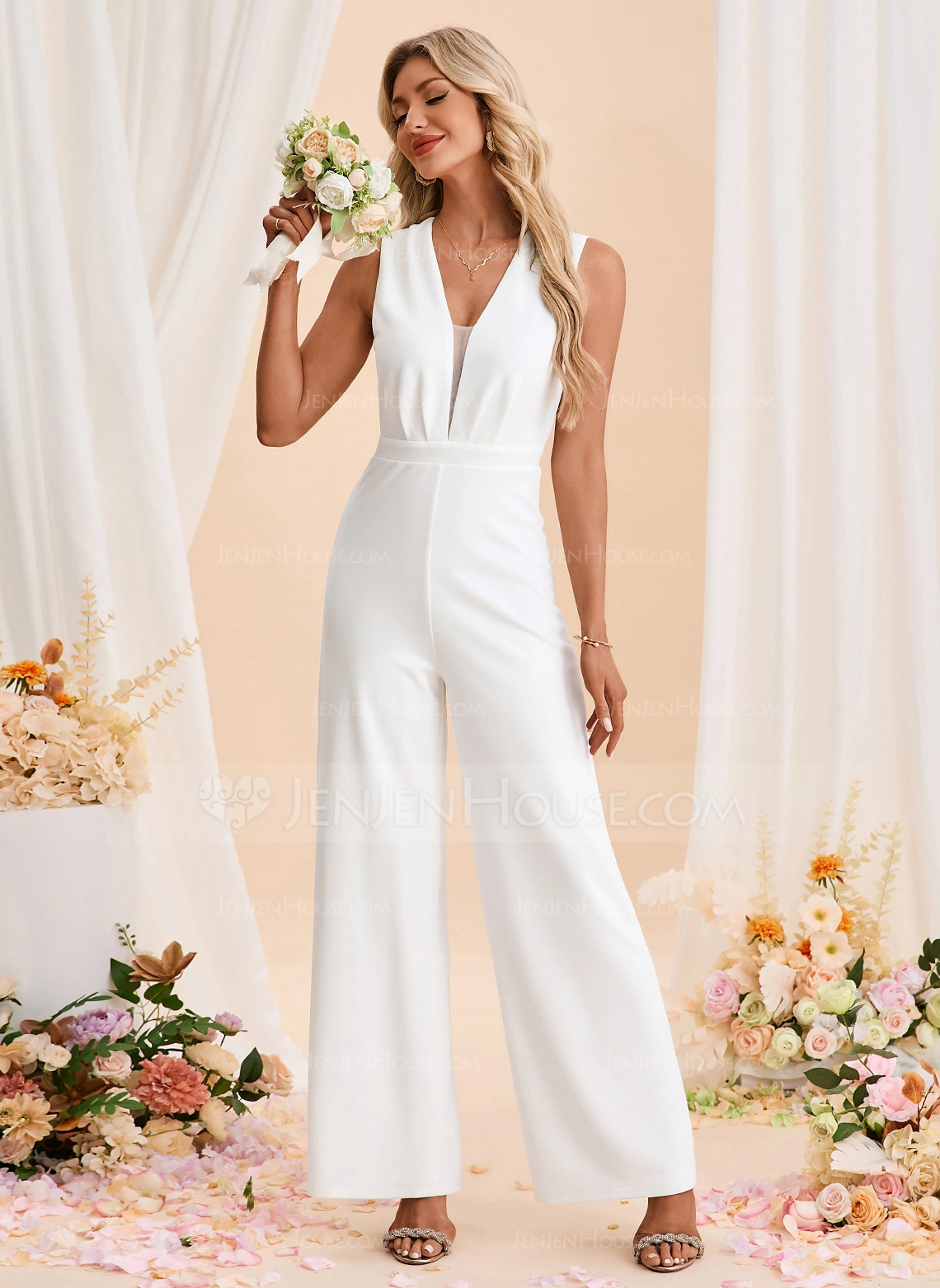 V-Neck Sleeveless Stretch Crepe Maxi Jumpsuits 