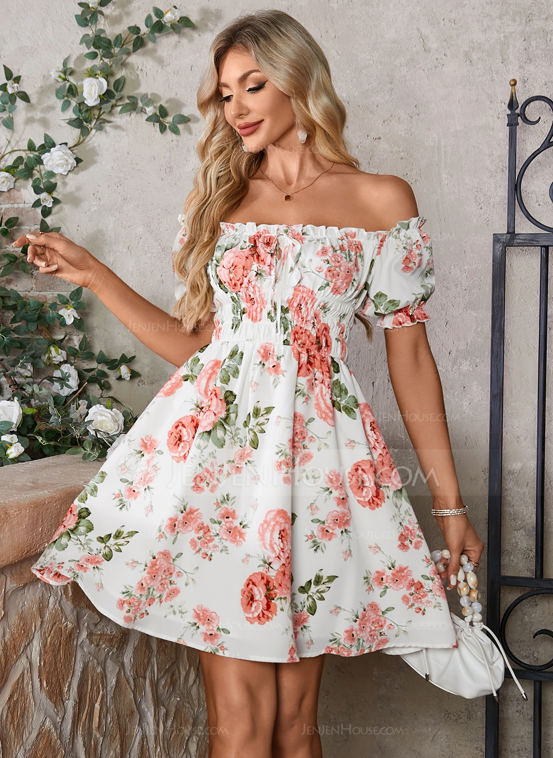 Floral Print Smocked Off the Shoulder A-line Printed Fabric Mini Dress 