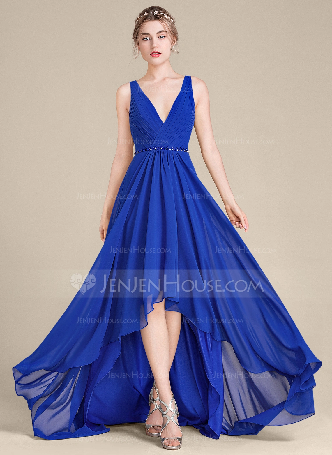 A-formet V-hals Asymmetrisk Chiffong Brudepikekjole med Frynse Profilering paljetter 