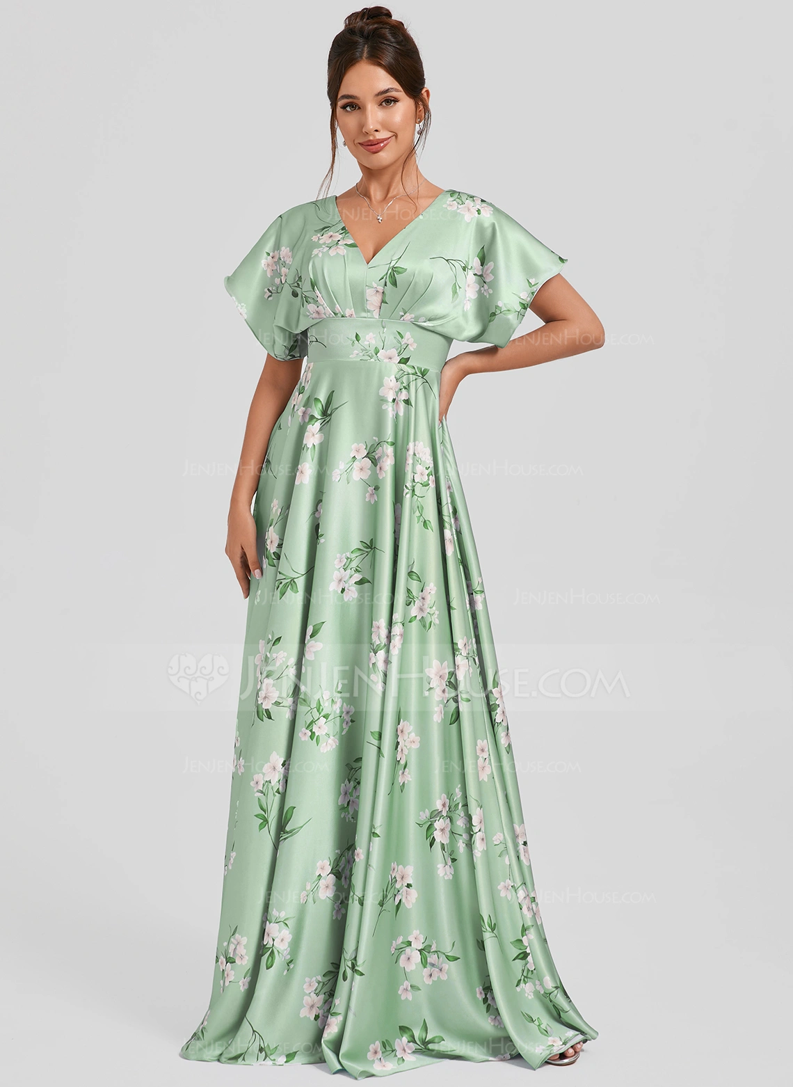 A-line V-Neck Floor-Length Matte Satin Bridesmaid Dress 