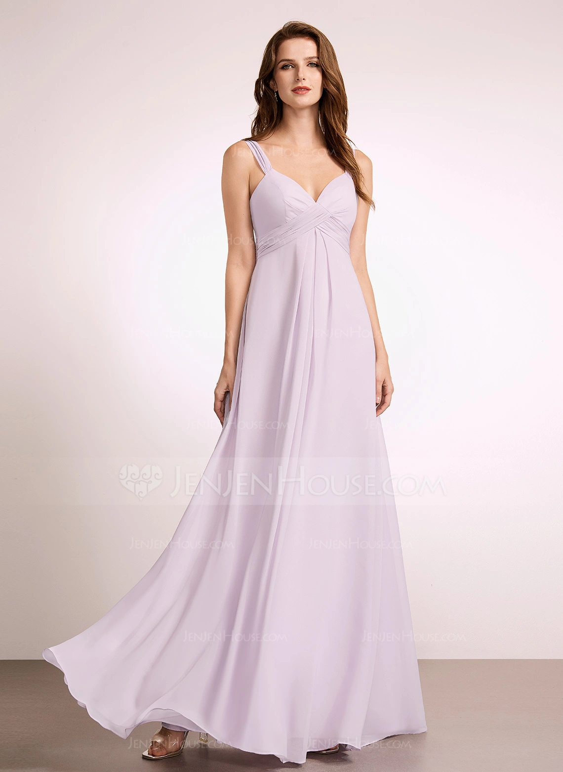 A-line V-Neck Floor-Length Chiffon Bridesmaid Dress With Ruffle 