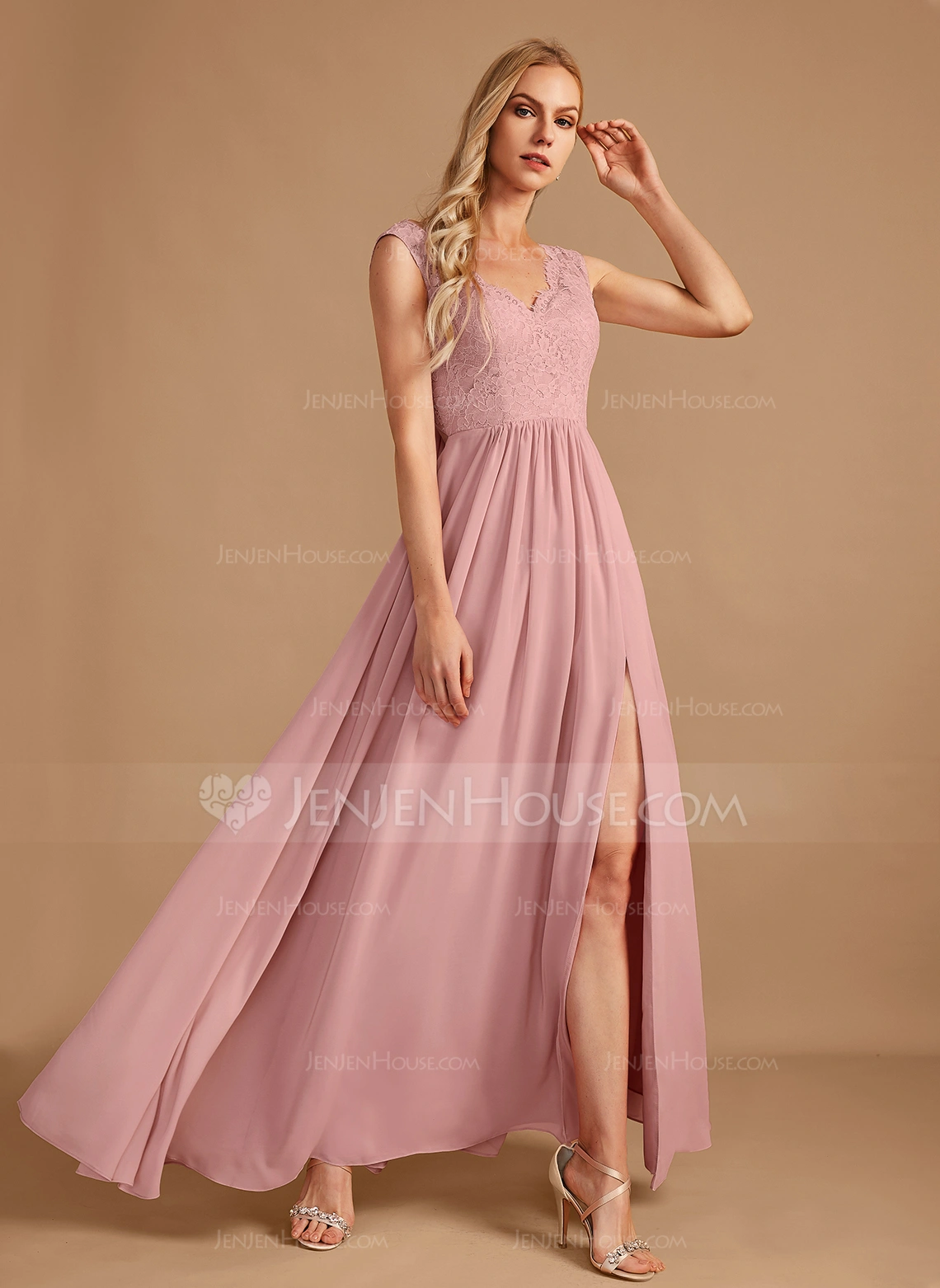 A-line V-Neck Floor-Length Lace Chiffon Bridesmaid Dress 