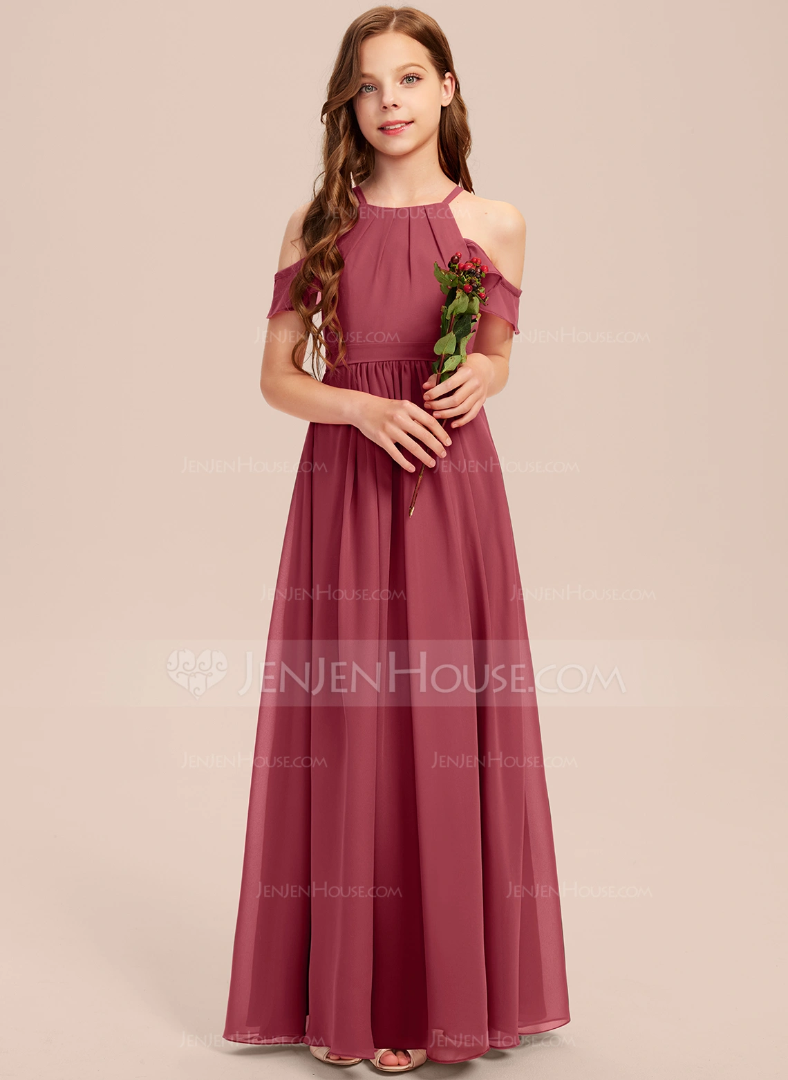 A-line kjole Halterneck Gulvlengde Chiffon Brudepikekjole ungdom 