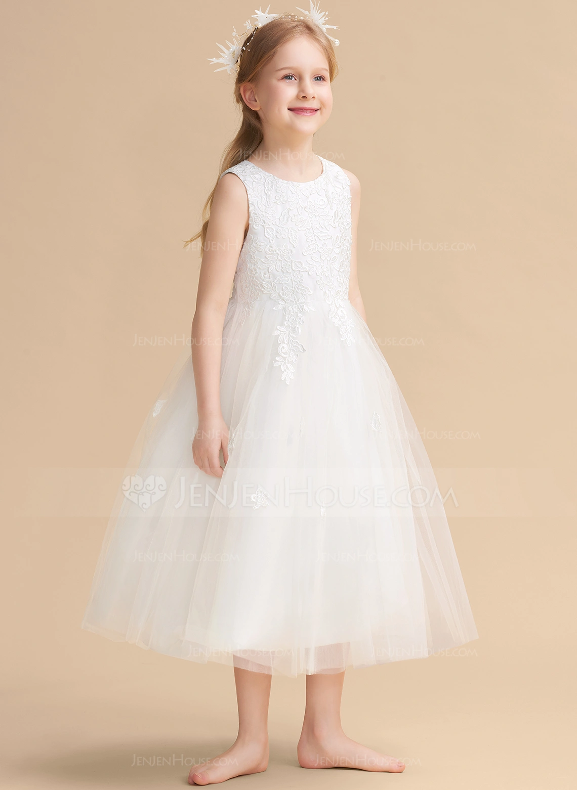 A-line kjole Scoop Te-lengde Sateng Tyll Brudepikekjole barn med Sløyfe 