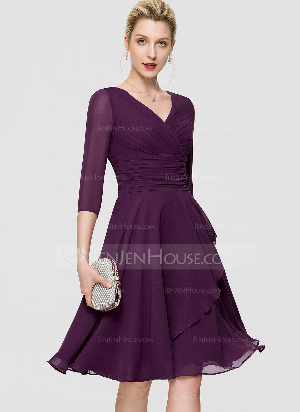 A-line kjole V-hals Knelengde Chiffong Cocktailkjole med Frynse paljetter 