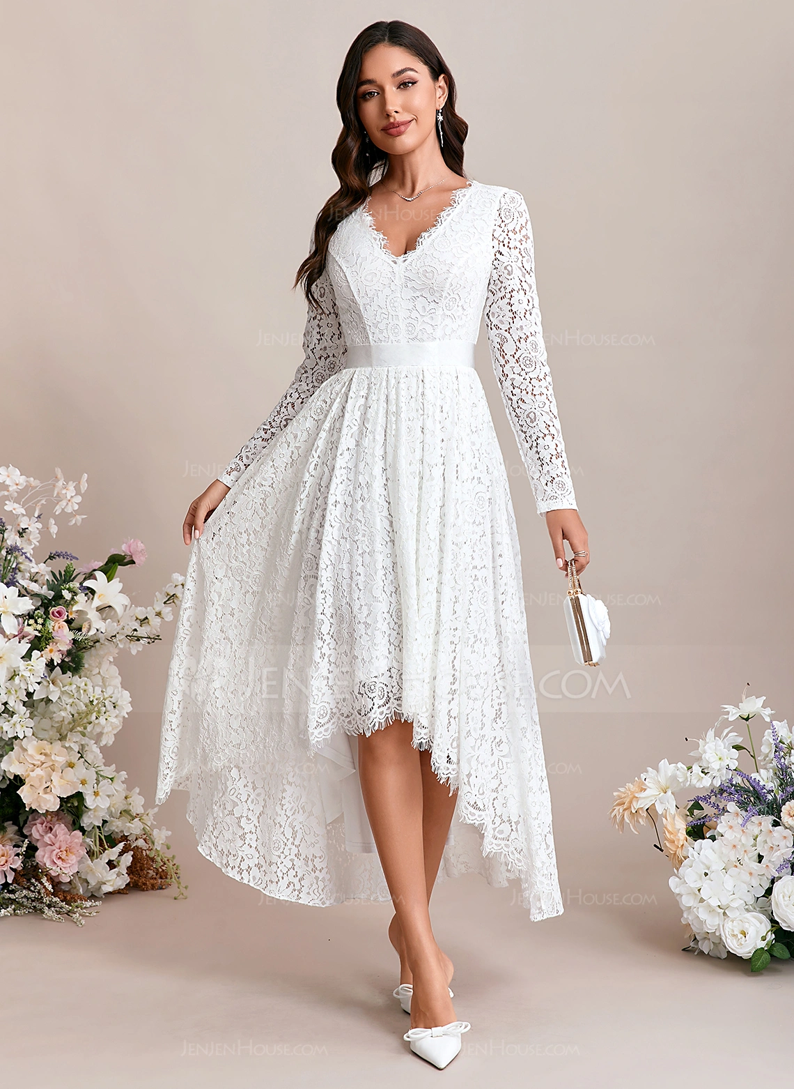 A-line V-Neck Ankle-Length Asymmetrical Lace Wedding Dress With Ruched 
