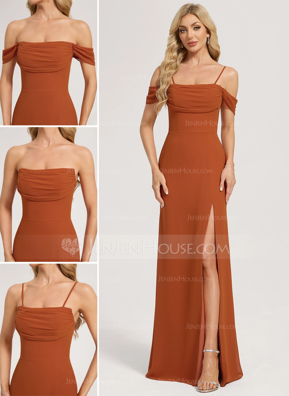 Sheath/Column Cold Shoulder Off the Shoulder Straight Floor-Length Chiffon Bridesmaid Dress 