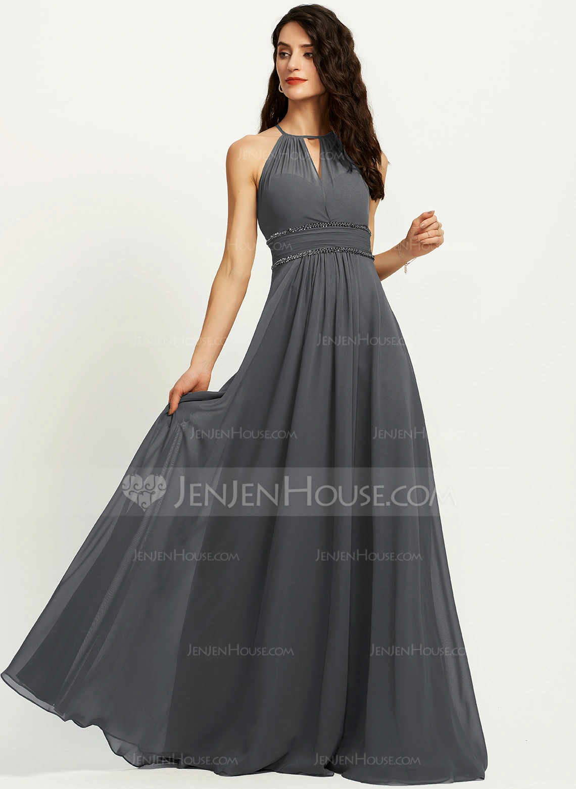 A-formet Grime Gulvlengde Chiffong Brudepikekjole med Frynse Profilering paljetter 