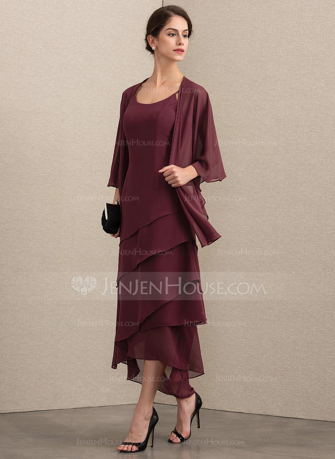 A-line kjole Scoop Asymmetrisk Chiffong Kjole til brudens mor med Profilering 