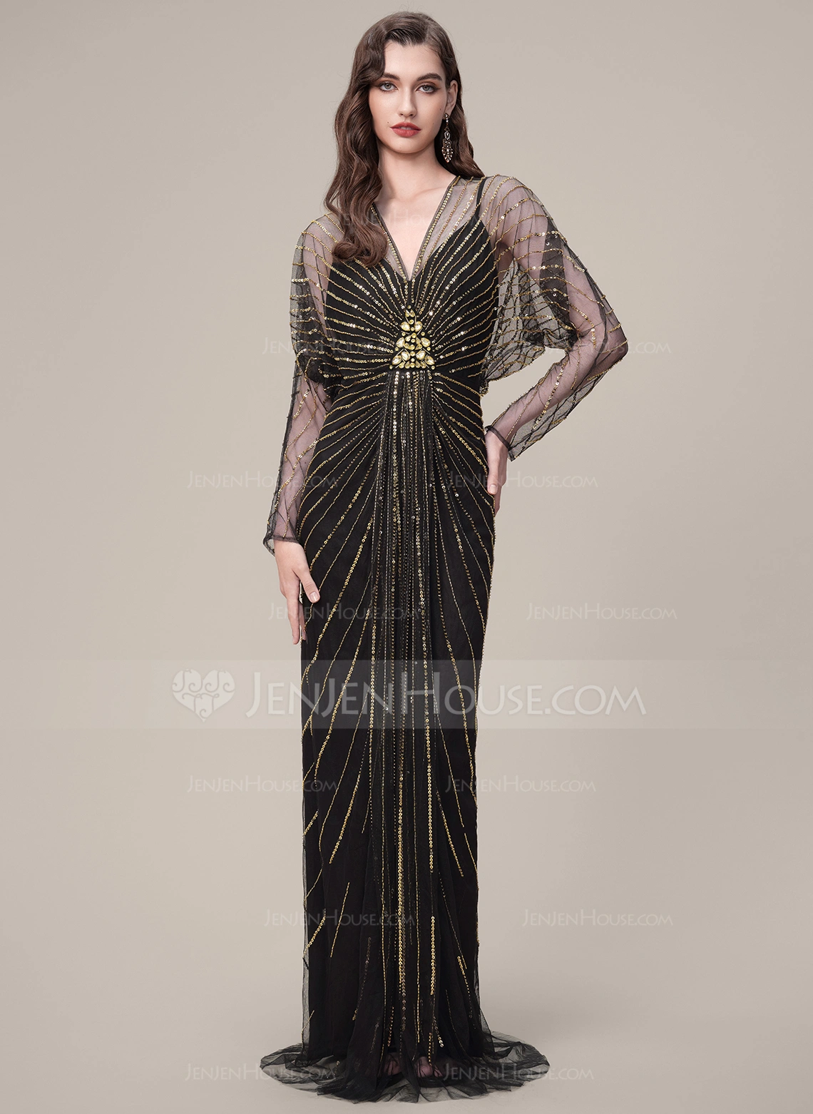 V-Neck Batwing Sleeve Crystal-Encrusted Beaded 1920s Evening Gown 