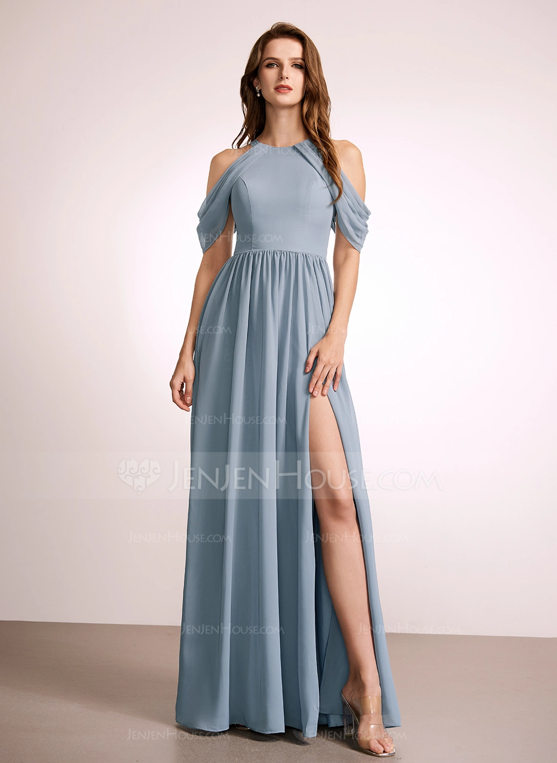 A-linja korkeakauluksinen lattiaa hipova pituus sifonki morsiusneitojen mekko 