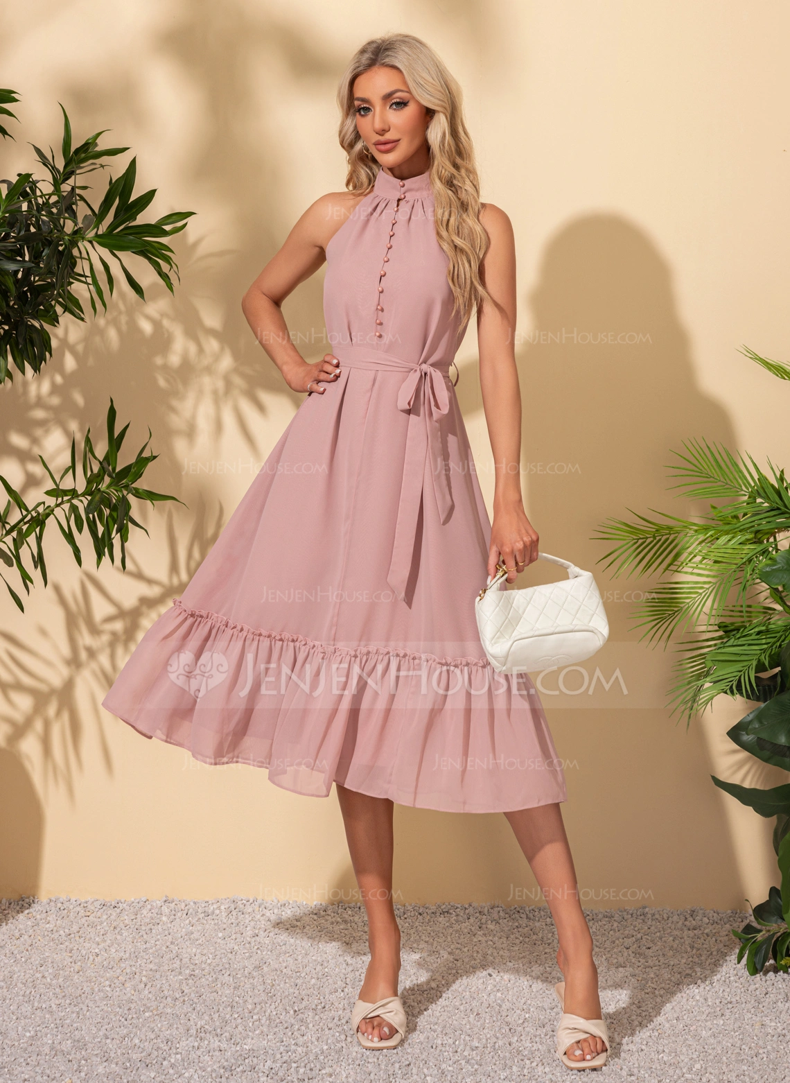 Flæsekanter Halter neck Kjole med A-linje Chiffon Midi Kjole 